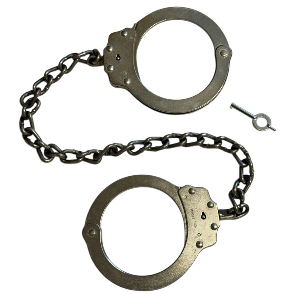 Vintage Peerless Model 703 Leg Irons Leg Cuffs Handcuffs 16" Chain Made in USA 1